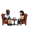 Pixel art of Michael sitting in an armchair talking with a woman across a small table, a sheet of paper between them