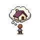 Pixel art of a person gazing up at a thought bubble with a cosy cottage inside it