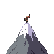 Pixel art of a person standing on a mountain summit, fist raised, a small flag planted on the peak