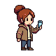 Pixel art of a person holding their phone up and talking to its camera