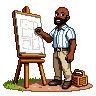 Pixel art of Michael standing beside an easel board, pointing at a simple plan, a toolbox open at his feet